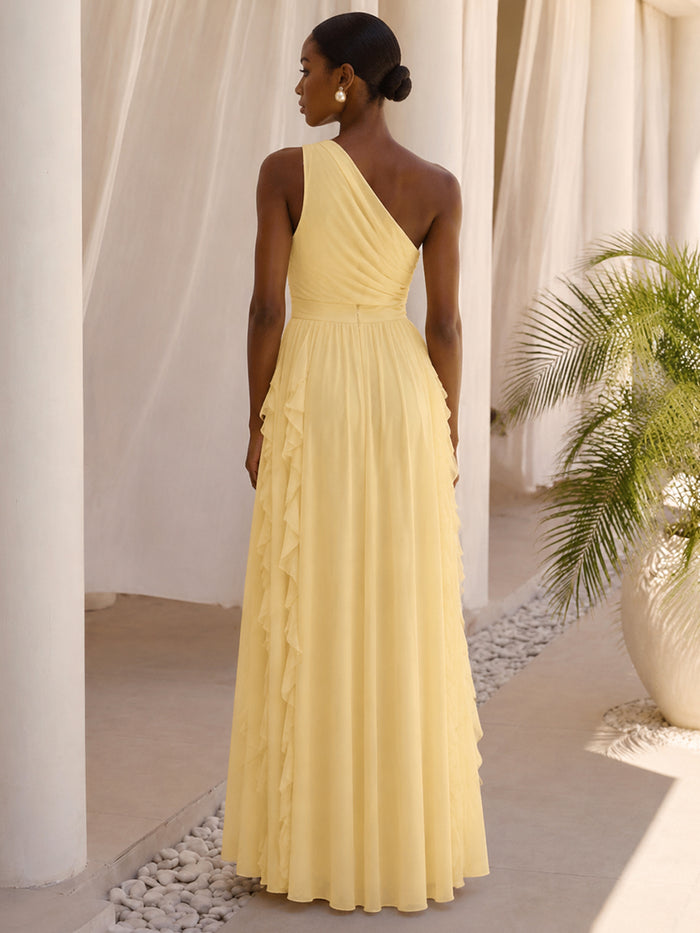 Chiffon A-Line One Shoulder Formal Dresses with Cascading Vertical Ruffles