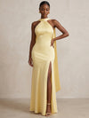 Satin Mermaid Halter Formal Dresses with Side Slit