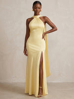 Satin Mermaid Halter Formal Dresses with Side Slit