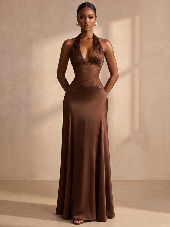 Satin Mermaid Halter Formal Dresses with Lace Applique