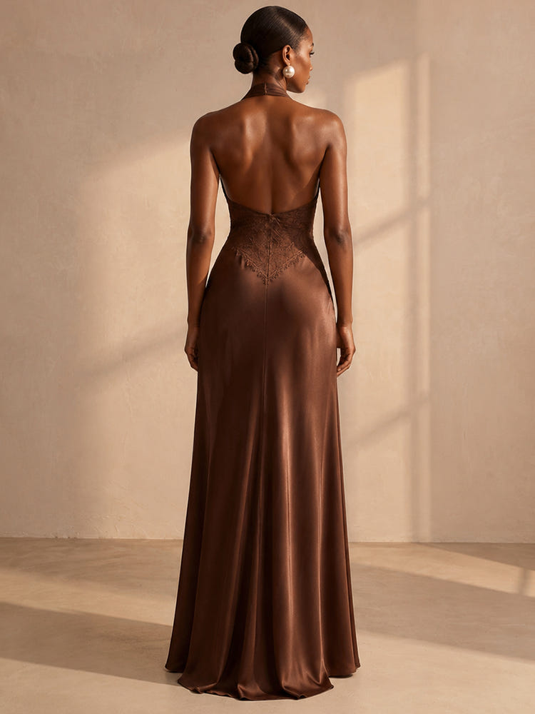 Satin Mermaid Halter Formal Dresses with Lace Applique