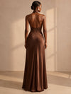 Satin Mermaid Halter Formal Dresses with Lace Applique