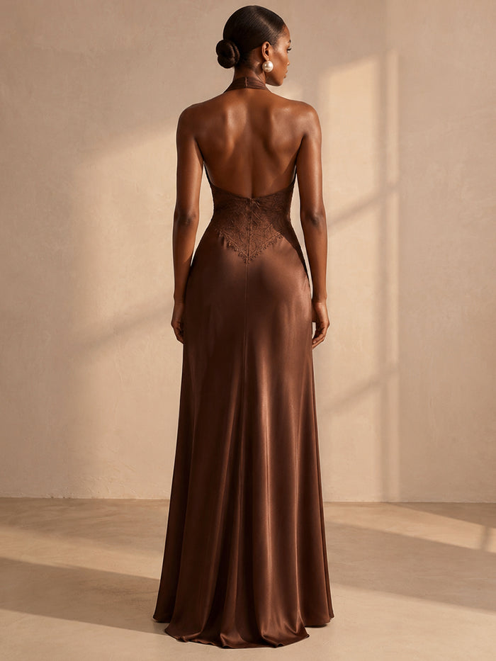 Satin Mermaid Halter Formal Dresses with Lace Applique