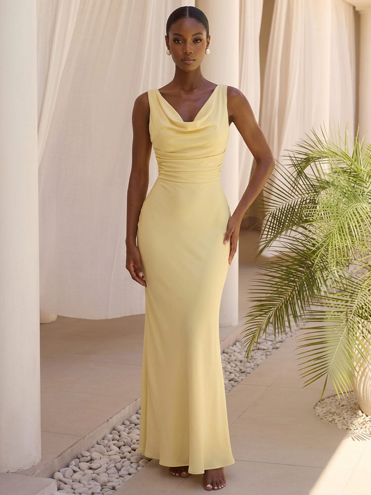 Chiffon Mermaid Cowl Neck Formal Dresses with Side Waist Ruched Shaping Detail