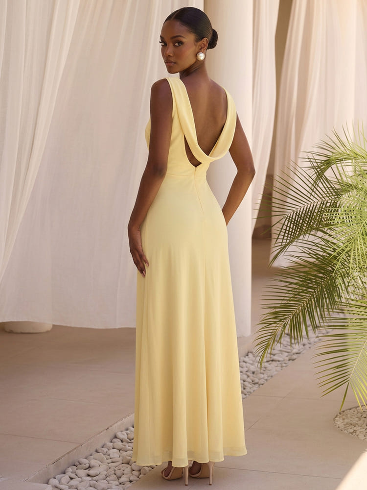 Chiffon Mermaid Cowl Neck Formal Dresses with Side Waist Ruched Shaping Detail