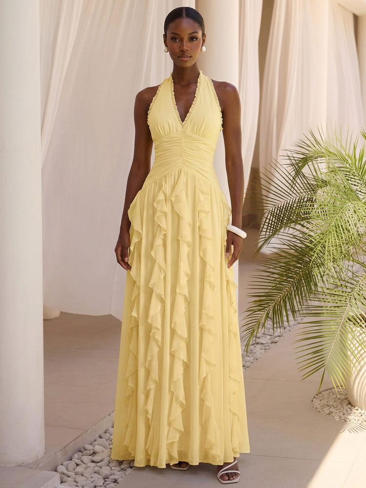 Chiffon A-Line Halter Formal Dresses with Cascading Long Side Ruffle Details