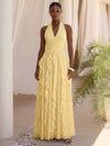 Chiffon A-Line Halter Formal Dresses with Cascading Long Side Ruffle Details