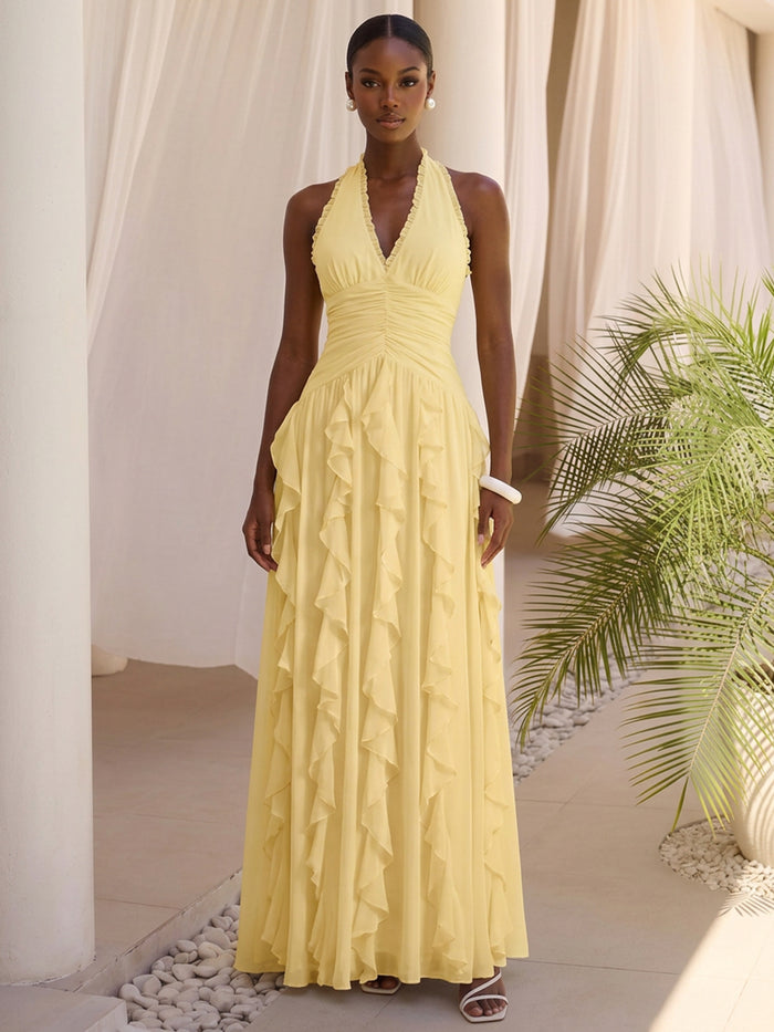 Chiffon A-Line Halter Formal Dresses with Cascading Long Side Ruffle Details