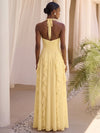 Chiffon A-Line Halter Formal Dresses with Cascading Long Side Ruffle Details