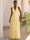 Chiffon A-Line Halter Formal Dresses with Cascading Long Side Ruffle Details