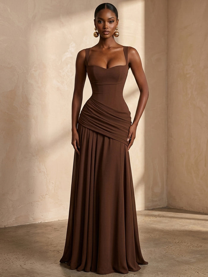 Chiffon A-Line Square Neck Formal Dresses with Delicate Pleated
