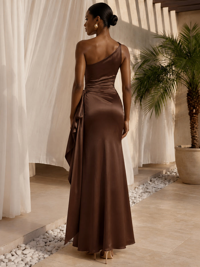 Satin Mermaid One Shoulder Formal Dresses with Side Waist Ruched Shaping Detail