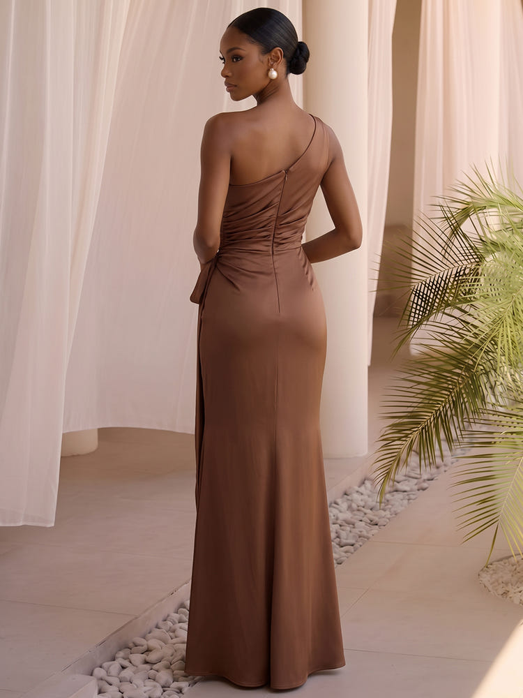 Satin A-Line Square Neck Formal Dresses with Side Waist Ruched Shaping Detail