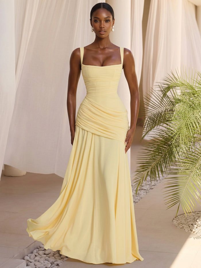 Satin Mermaid Square Neck Formal Dresses with Delicate Pleated