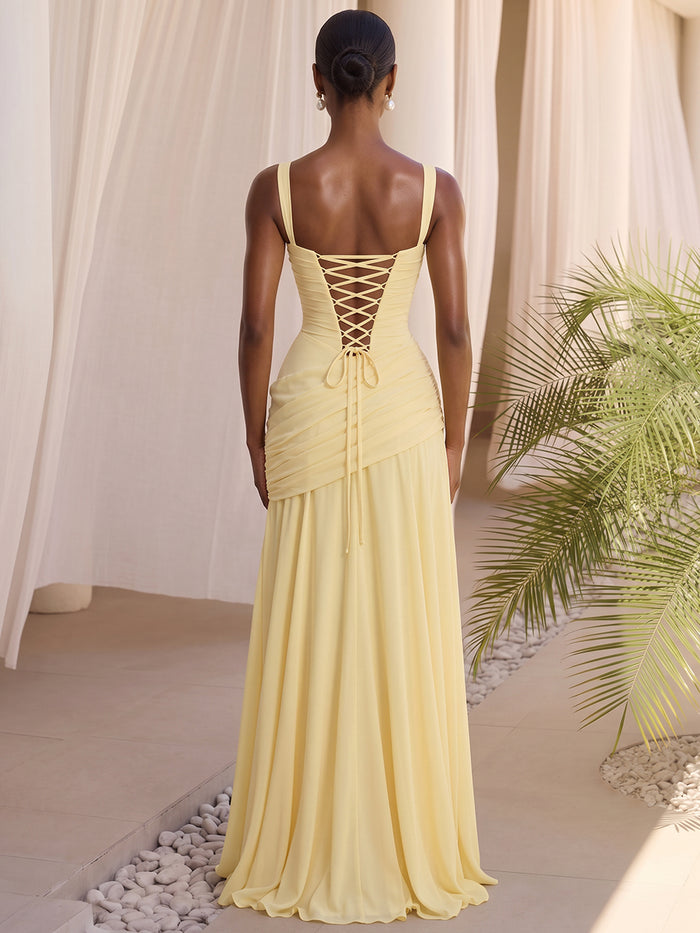 Satin Mermaid Square Neck Formal Dresses with Delicate Pleated