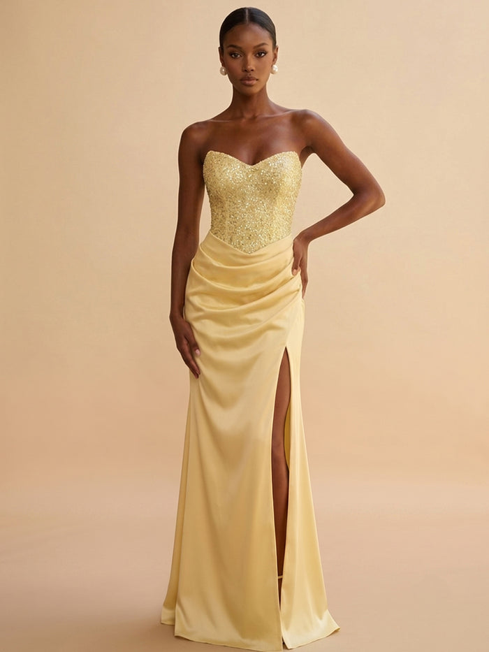Satin Mermaid Sweetheart Formal Dresses with Sparkling Full‑Sequin Strapless Corset Bodice