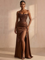 Satin Mermaid Strapless Formal Dresses with Flowing Side Satin Sash