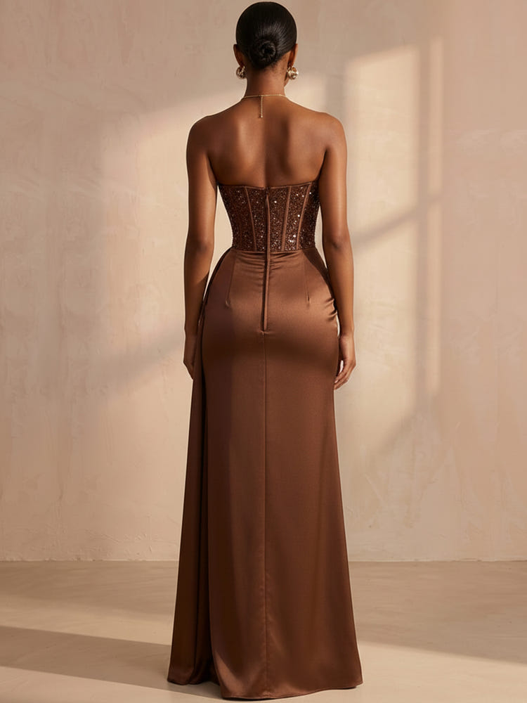 Satin Mermaid Strapless Formal Dresses with Flowing Side Satin Sash