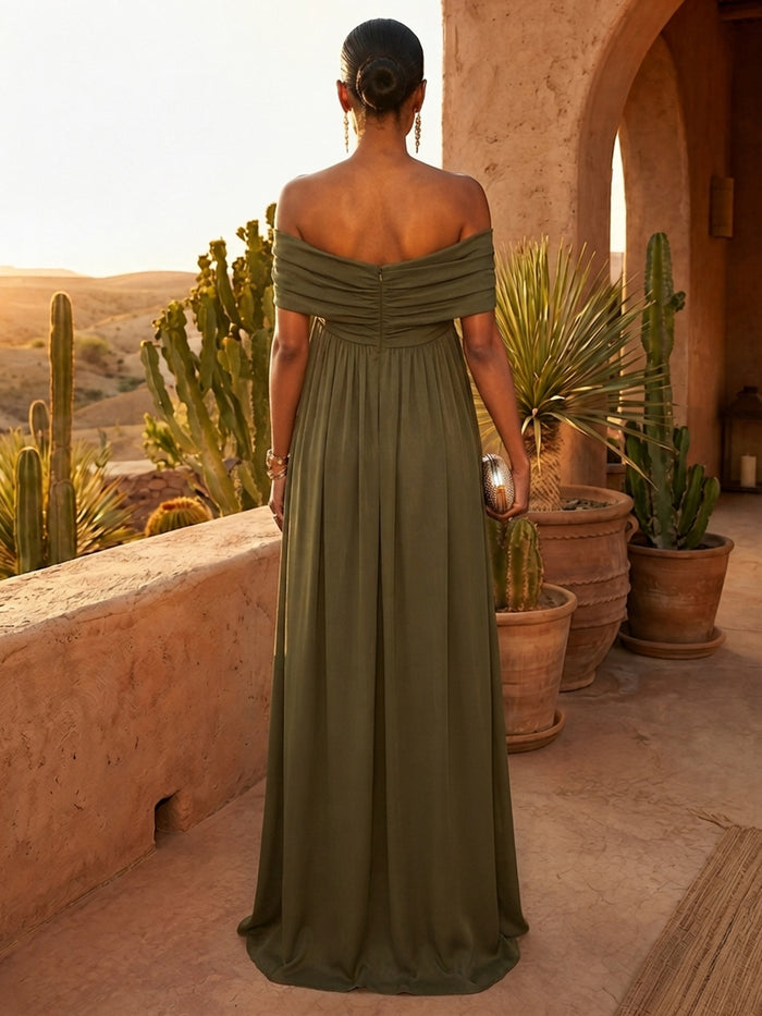 Chiffon A-Line Off Shoulder Pleated Formal Dresses