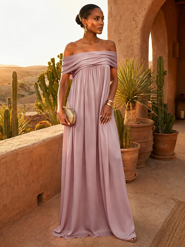 Chiffon A-Line Off Shoulder Pleated Formal Dresses