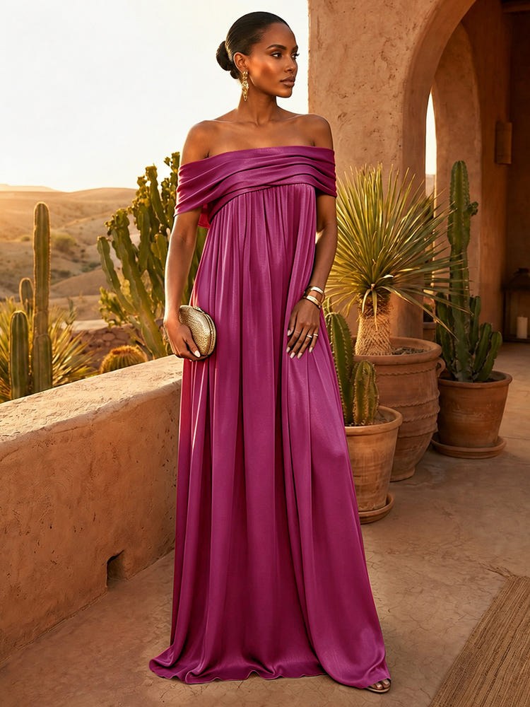 Chiffon A-Line Off Shoulder Pleated Formal Dresses