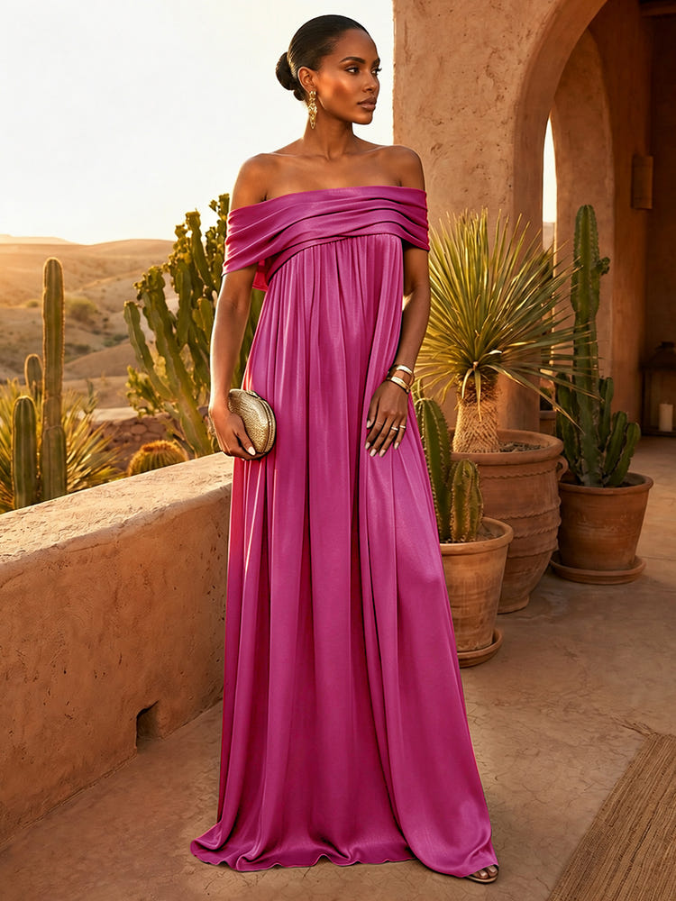 Chiffon A-Line Off Shoulder Pleated Formal Dresses