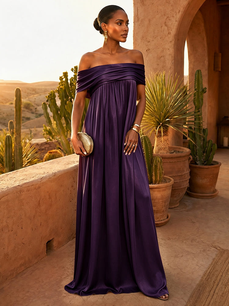 Chiffon A-Line Off Shoulder Pleated Formal Dresses