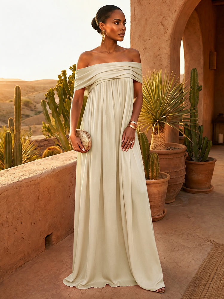 Chiffon A-Line Off Shoulder Pleated Formal Dresses