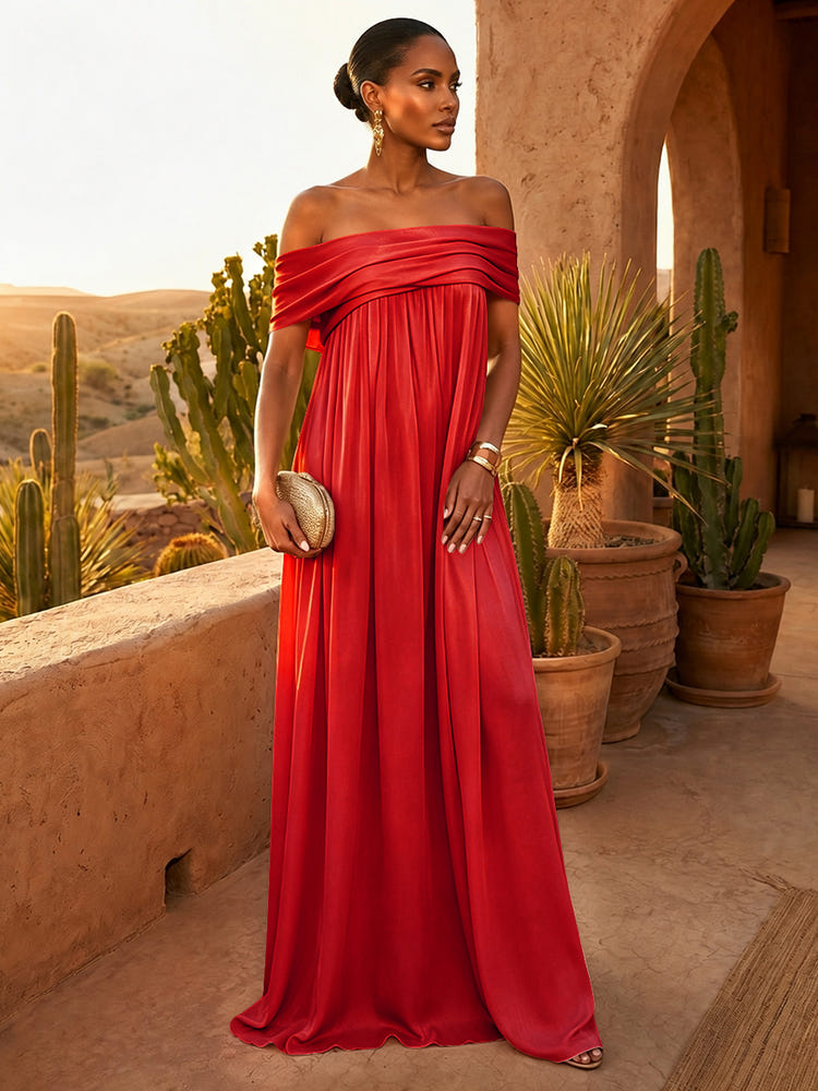 Chiffon A-Line Off Shoulder Pleated Formal Dresses