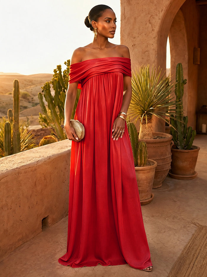 Chiffon A-Line Off Shoulder Pleated Formal Dresses