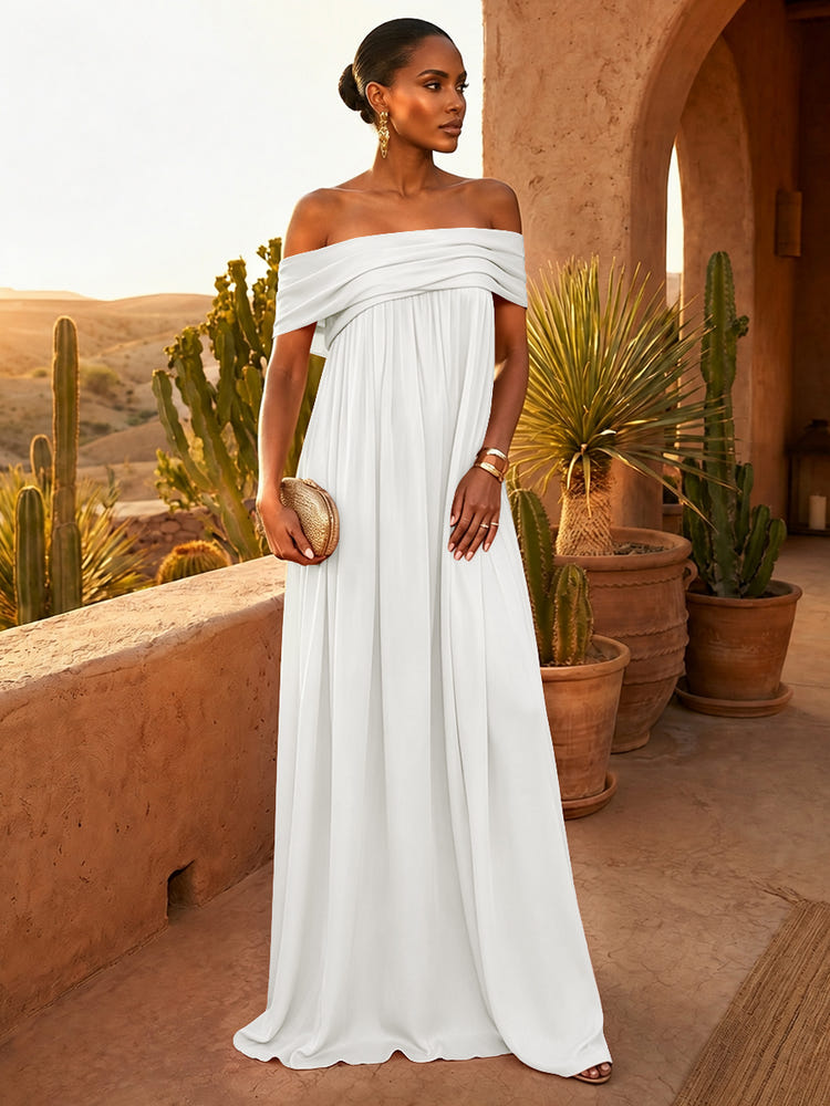 Chiffon A-Line Off Shoulder Pleated Formal Dresses