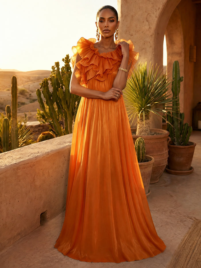 Chiffon A-Line Crew Neck Pleated Formal Dresses with Ruffles