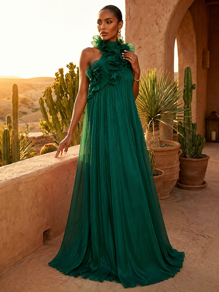 Chiffon A-Line Halter Pleated Formal Dresses with Ruffles