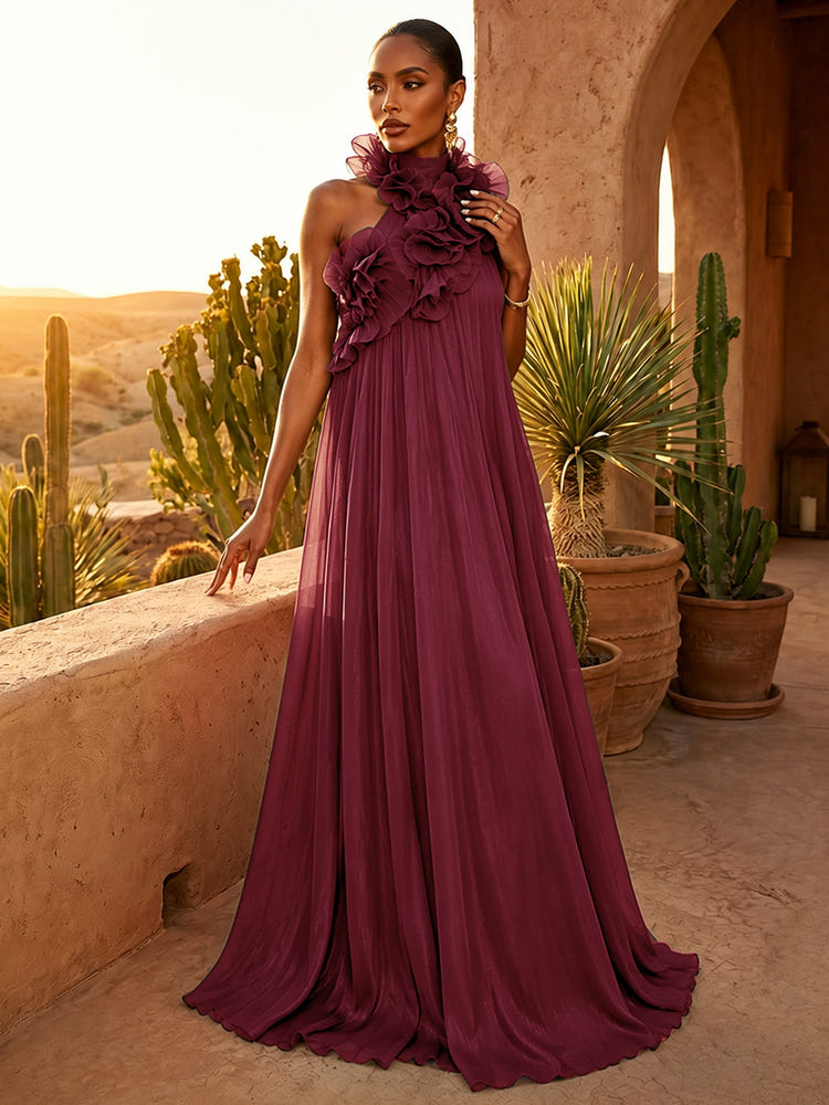 Chiffon A-Line Halter Pleated Formal Dresses with Ruffles
