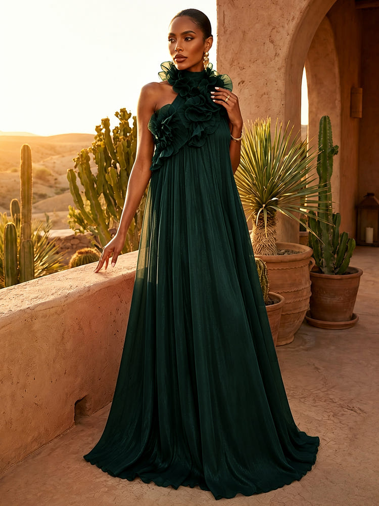 Chiffon A-Line Halter Pleated Formal Dresses with Ruffles