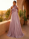Chiffon A-Line Halter Pleated Formal Dresses with Ruffles