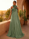 Chiffon A-Line Halter Pleated Formal Dresses with Ruffles