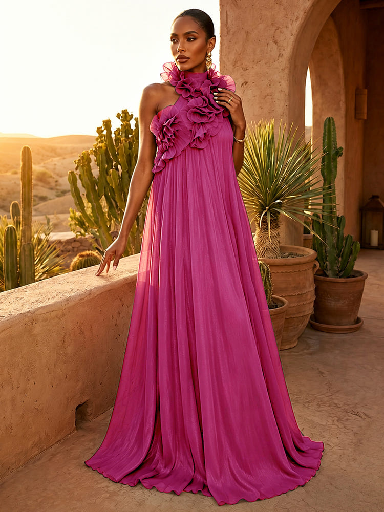 Chiffon A-Line Halter Pleated Formal Dresses with Ruffles
