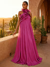 Chiffon A-Line Halter Pleated Formal Dresses with Ruffles
