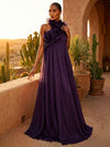 Chiffon A-Line Halter Pleated Formal Dresses with Ruffles