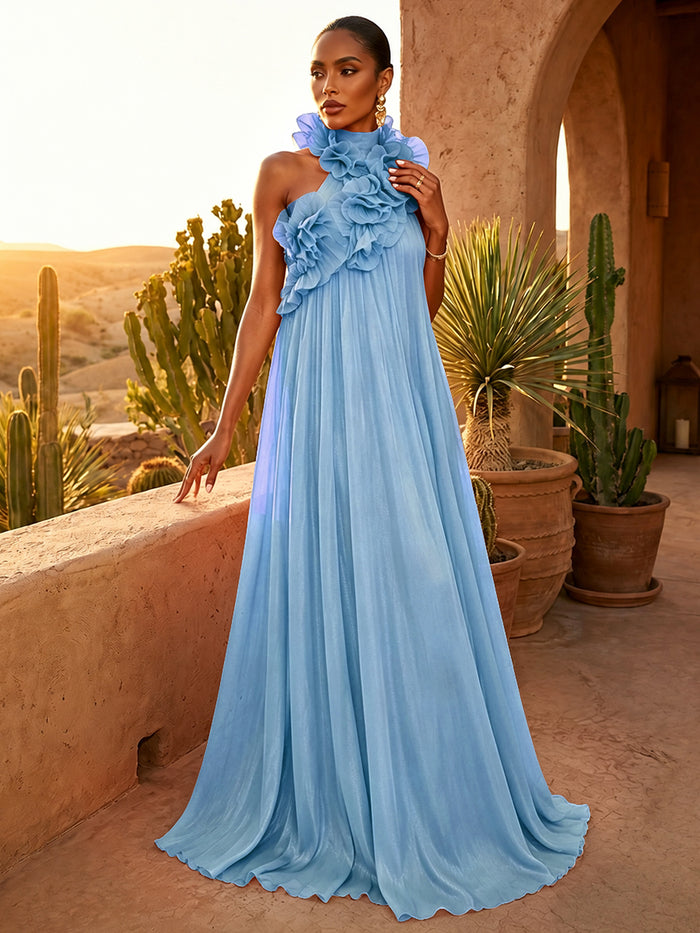 Chiffon A-Line Halter Pleated Formal Dresses with Ruffles