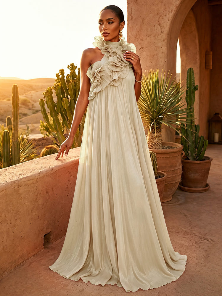 Chiffon A-Line Halter Pleated Formal Dresses with Ruffles