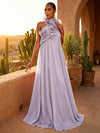 Chiffon A-Line Halter Pleated Formal Dresses with Ruffles