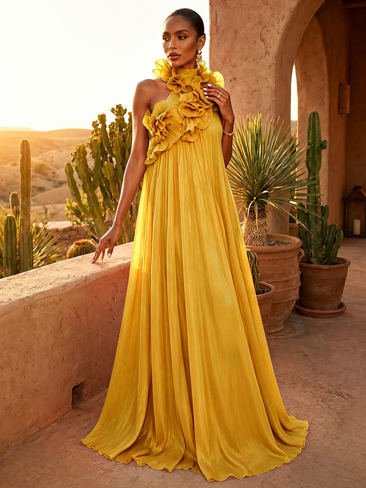 Chiffon A-Line Halter Pleated Formal Dresses with Ruffles