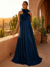 Chiffon A-Line Halter Pleated Formal Dresses with Ruffles