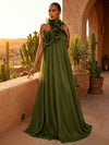Chiffon A-Line Halter Pleated Formal Dresses with Ruffles