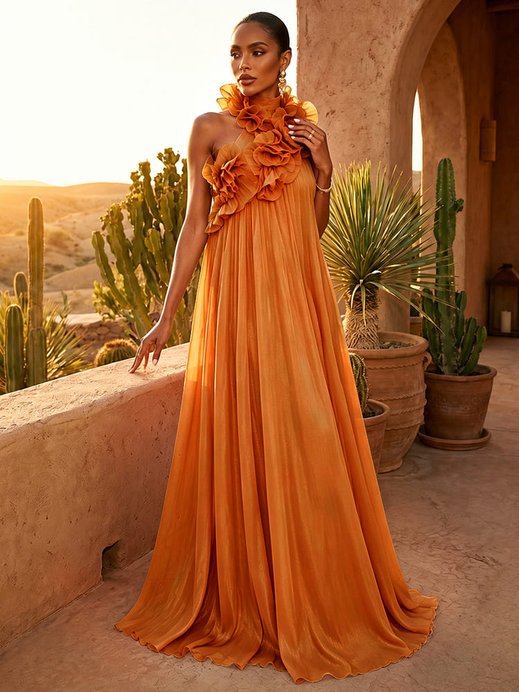 Chiffon A-Line Halter Pleated Formal Dresses with Ruffles