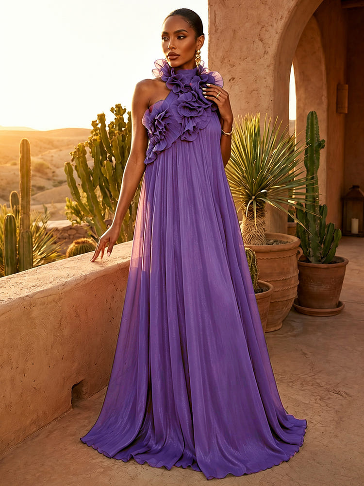 Chiffon A-Line Halter Pleated Formal Dresses with Ruffles