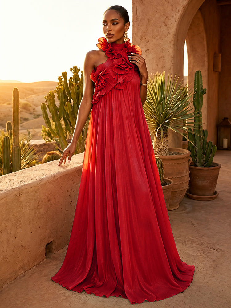 Chiffon A-Line Halter Pleated Formal Dresses with Ruffles