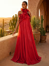 Chiffon A-Line Halter Pleated Formal Dresses with Ruffles